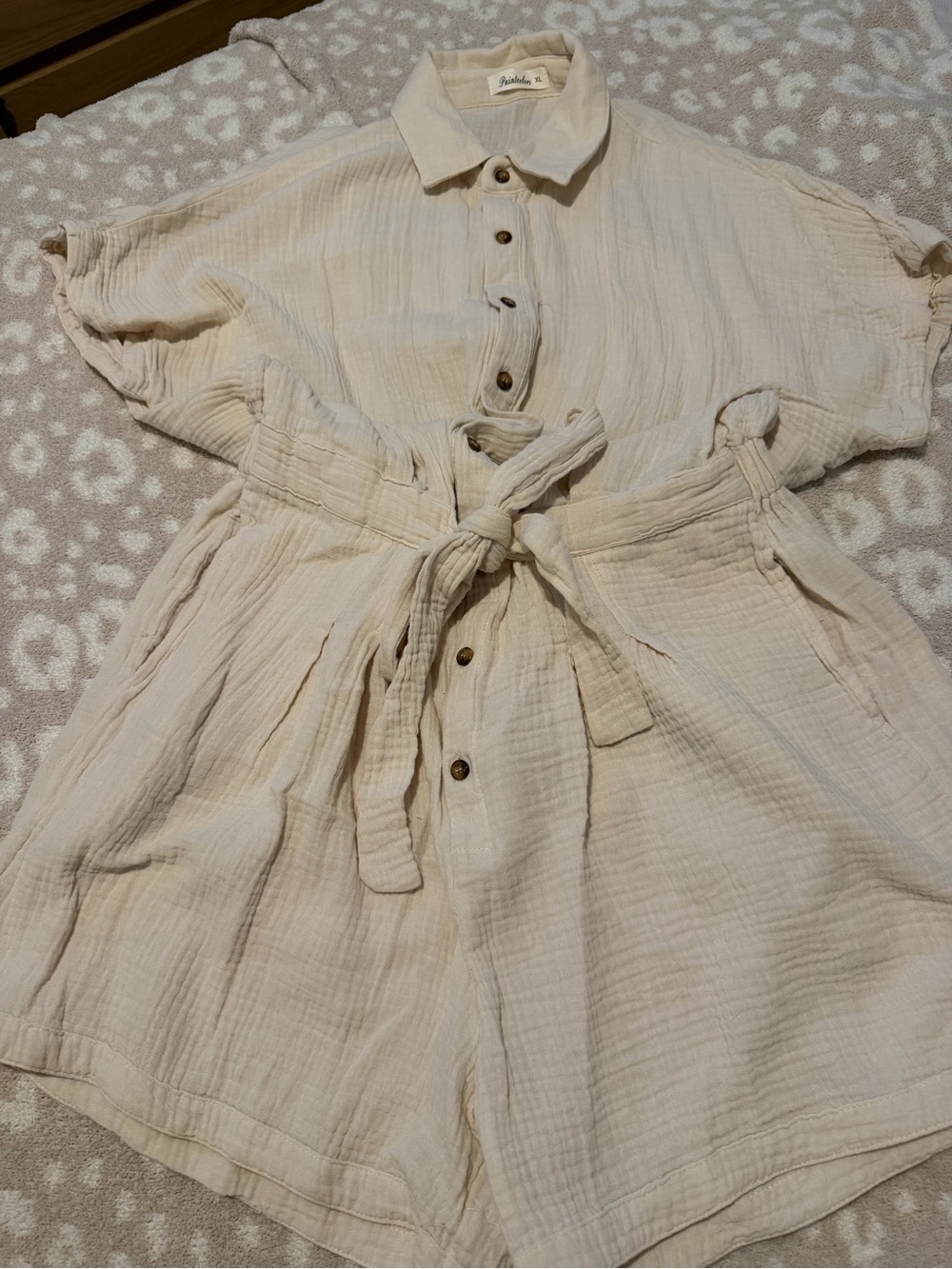Button-Front Cream Gauze Short Jumpsuit with Tie Waist